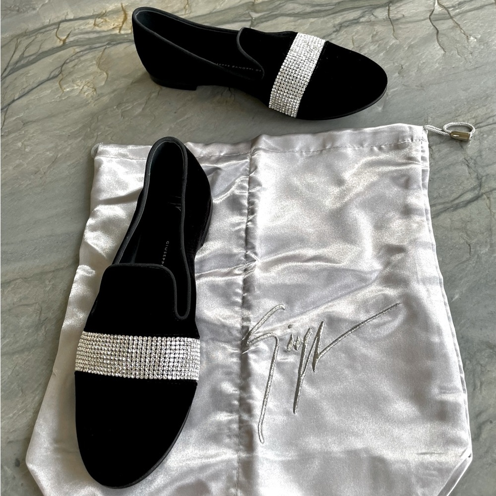 Giuseppe Zanotti - Black Velvet with Swarovski Crystals Loafer Flats - Picture 2 of 5
